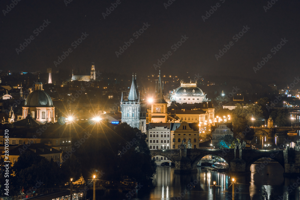 Shining Prague castle and Charles bridge in the night summer time, Czech Republic, Europe, travel tour tourism