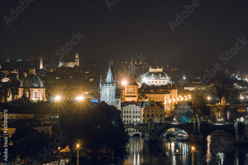Shining Prague castle and Charles bridge in the night summer time, Czech Republic, Europe, travel tour tourism