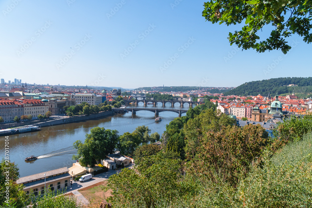 Panoramic view of Charles Bridge in Prague in a beautiful summer day, travel concept, 2019. Czech Republic