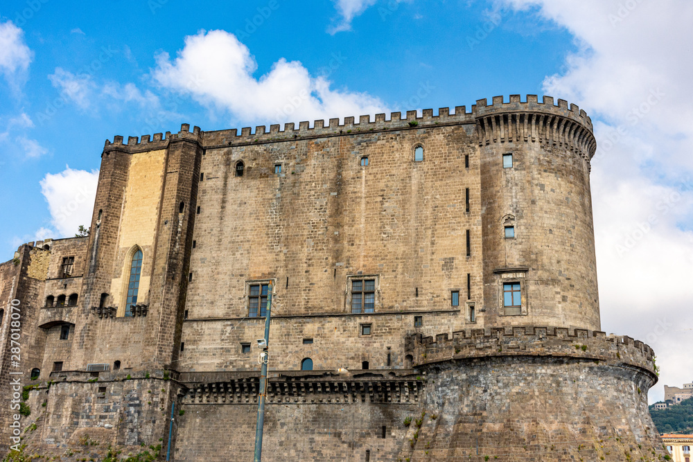 Italy, Naples, Maschio Angioino castle. Side facade.
