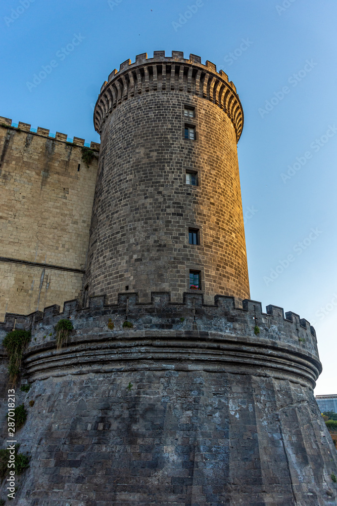 Italy, Naples, Maschio Angioino castle. Side tower.