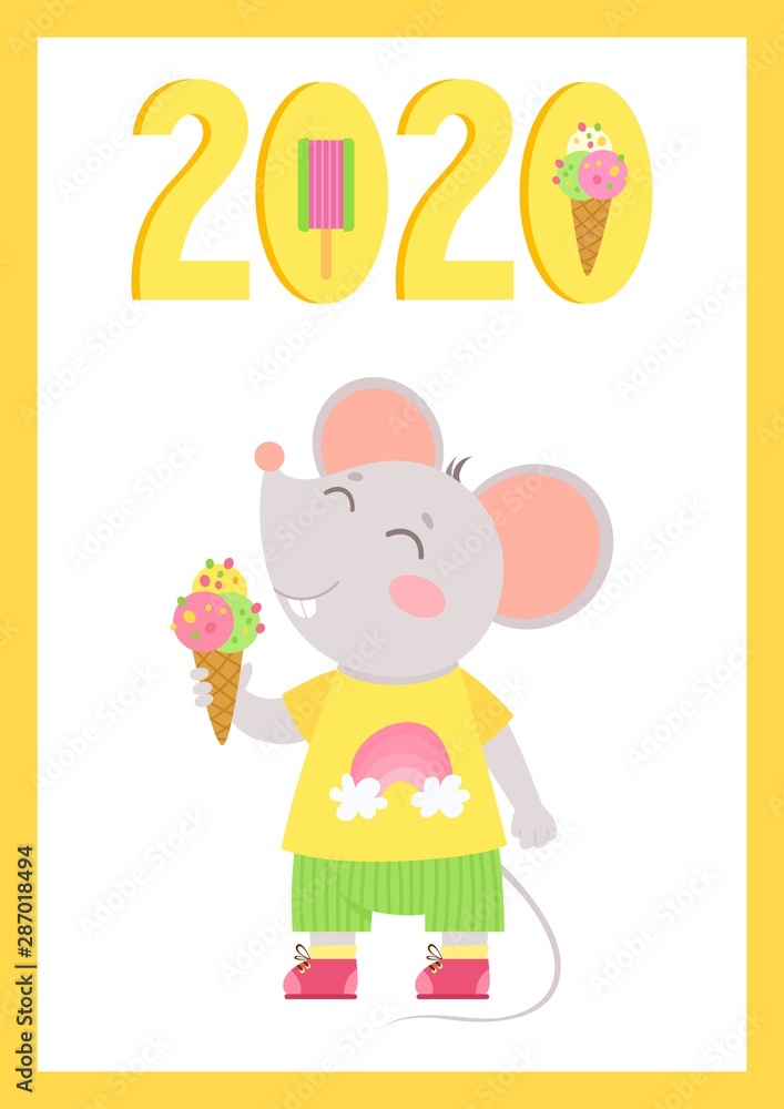 New Year 2020 flat vector poster with mouse template. Little mouse with ice cream in a hand. Numbers with ice cream cartoon illustration. Summer holiday postcard, greeting card design. New Year 2020 flat vector poster with mouse template. Little mouse with ice cream in a hand. Numbers with ice cream cartoon illustration. Summer holiday postcard, greeting card design.