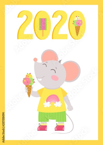 New Year 2020 flat vector poster with mouse template. Little mouse with ice cream in a hand. Numbers with ice cream cartoon illustration. Summer  holiday  postcard  greeting card design.