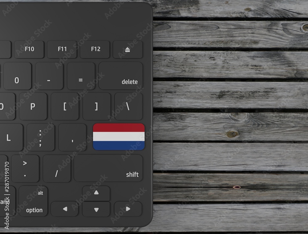 Netherlands flag enter key on white keyboard, on wood background. 3d render	