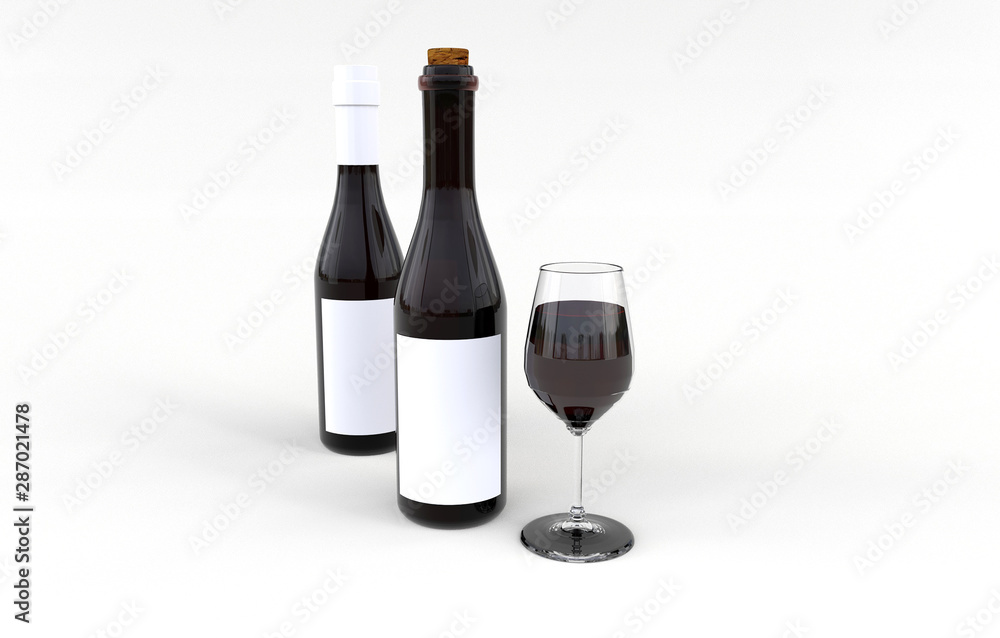 3D rendering with bottle of red wine. Wine bottle with wine glass template. 