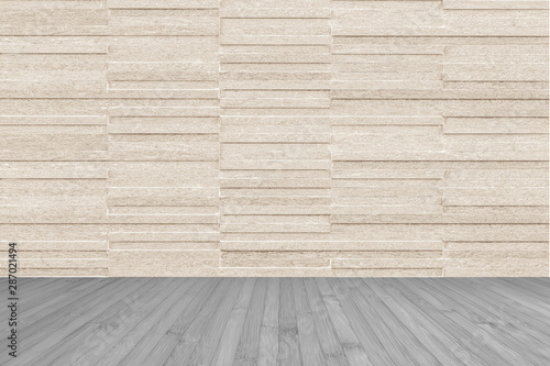 Granite tile wall in light cream beige brown color with wooden floor in dark grey