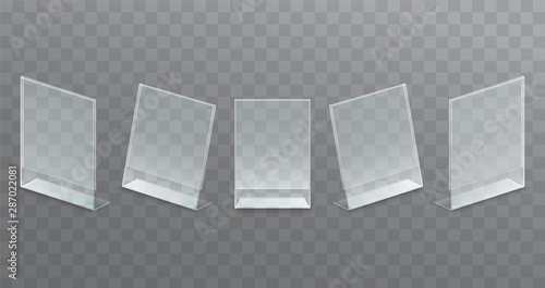 Plastic desktop transparent advertising stand, paper holder. Set of mock up stands, menu. photo