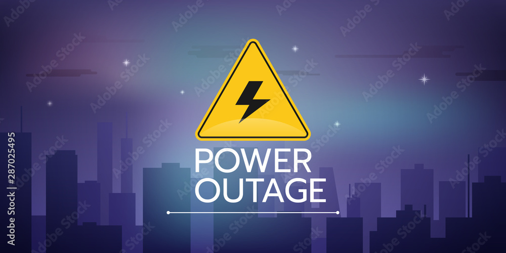 Φωτογραφία the banner of a Power outage with a warning sign on the background of the night sky and city without electricity