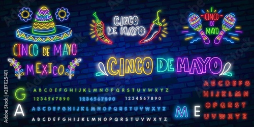 Cinco de mayo neon text with sombrero and moustache. Mexican culture and holiday design. Night bright neon sign, colorful billboard, light banner. Vector illustration in neon style.