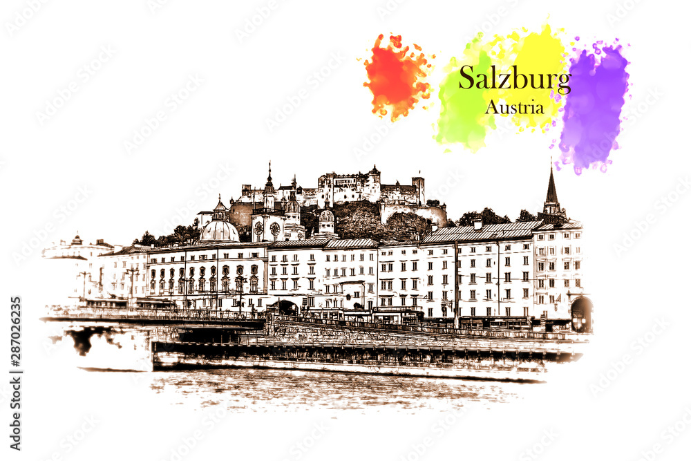 Salzburg , Austria - Vintage travel sketch.