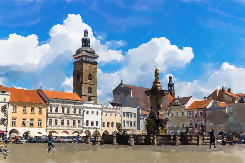 View of Premysl Otakar II. square in Ceske Budejovice - Watercolor style.