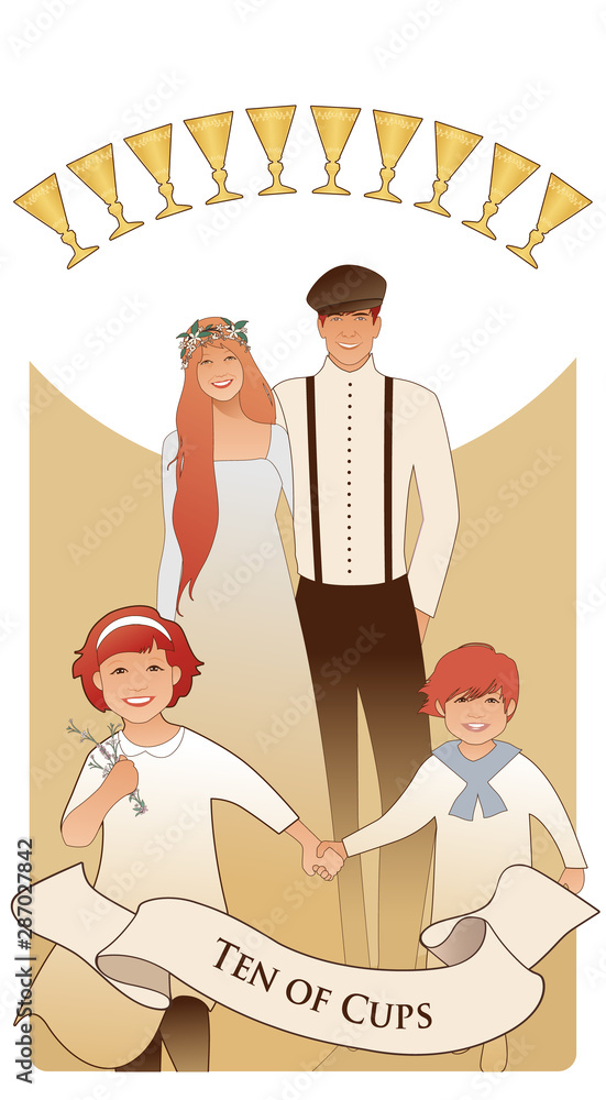 Vecteur Stock Ten of Cups. Tarot cards. Happy family composed of young  parents and two children, enjoying in the sun and ten golden cups forming  an arch in the background. | Adobe