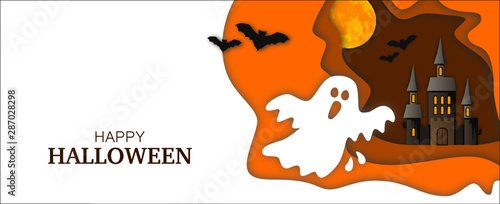 Happy Halloween Karte mit Gespenst im papercut Design