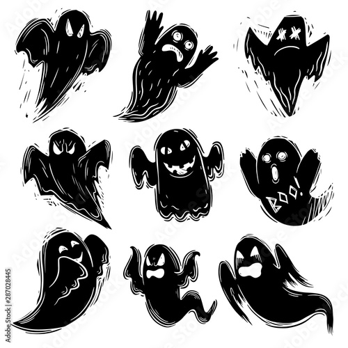 Set of Creepy ghost hand drawn black silhouette illustration