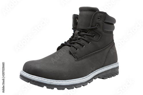 black leather boot, winter or autumn shoes, on a white background