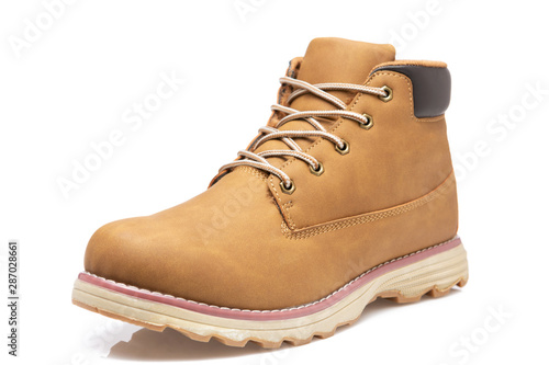 brown nubuck leather boot, high winter shoes, on a white background