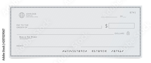 Blank template of the bank cheque. Checkbook check page with an empty fields to fill.