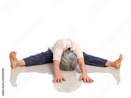 Healthy senior Asian women doing exercises, sport elderly lady practice yoga isolated on white background, Mature female warms up muscles, body flexibility and fitness lifestyle concept.