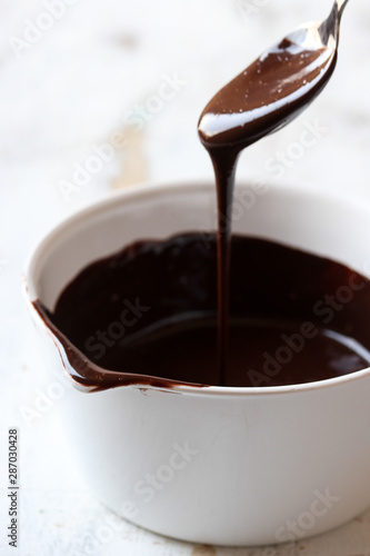 Chocolate sauce on  a white wooden background