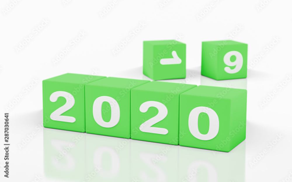 2020 new year, concept with green cube with 2020 numbers, and 19 blurred in the background. Isolated in white background 2020 new year, concept with green cube with 2020 numbers, and 19 blurred in the background. Isolated in white background