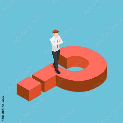 Isometric businessman thinking while walking on question mark sign