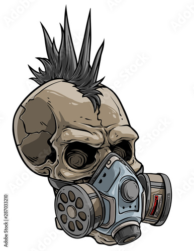 Cartoon detailed realistic colorful scary human punk skull in chemical gas mask respirator with protective filters. Isolated on white background. Vector icon.
