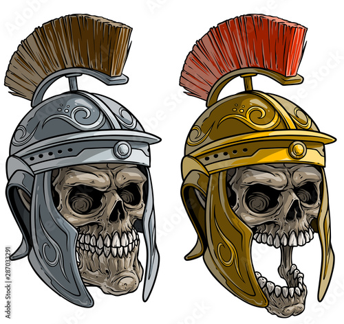 Cartoon detailed realistic colorful scary human skulls in metal ancient roman soldier warrior helmet with crest. Isolated on white background. Vector icon set.