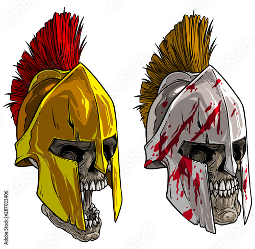 Cartoon detailed realistic colorful scary human skull in ancient bronze spartan or greek warrior helmet with blood spots. Isolated on white background. Vector icon.