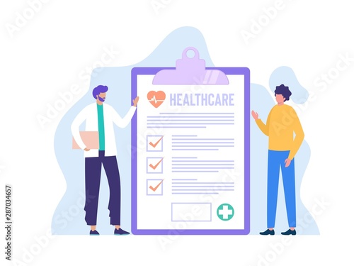 health check up vector illustration concept, flat character doctor showing medical check up form to patient, can use for, landing page, template, ui, web, mobile app, poster, banner, flyer