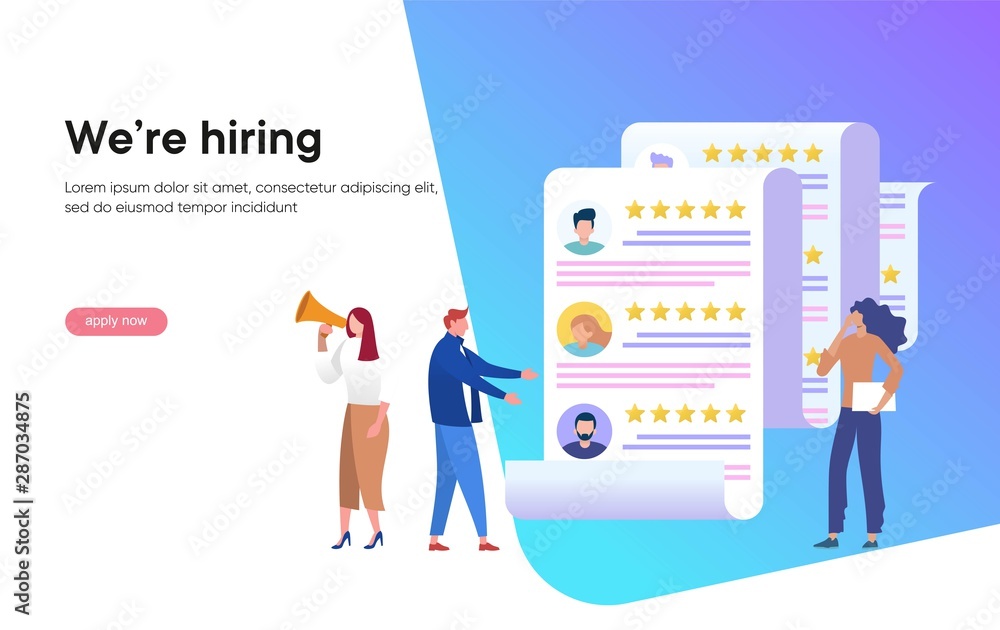 We're hiring join our team Online Recruitment vector illustration concept, woman and men apply cv, reviewing candidates, can use for, landing page, template, ui, web, mobile app, poster, banner, flyer