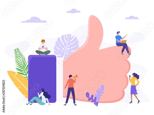 people addict with gadget vector concept illustration, happy woman and men give like comment on Instagram, can use for, landing page, template, ui, web, homepage, poster, banner, flyer, infographic