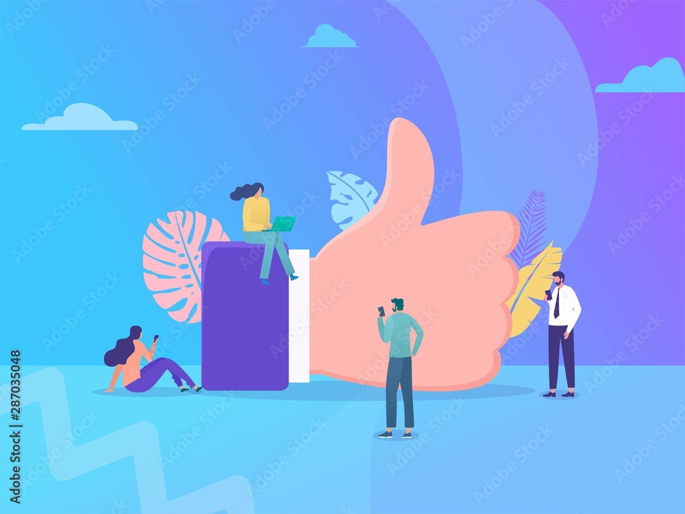 people addict with gadget vector concept illustration, happy woman and men give like comment on Instagram, can use for, landing page, template, ui, web, homepage, poster, banner, flyer, infographic