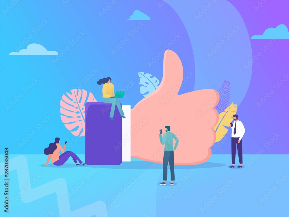 Obraz premium people addict with gadget vector concept illustration, happy woman and men give like comment on Instagram, can use for, landing page, template, ui, web, homepage, poster, banner, flyer, infographic