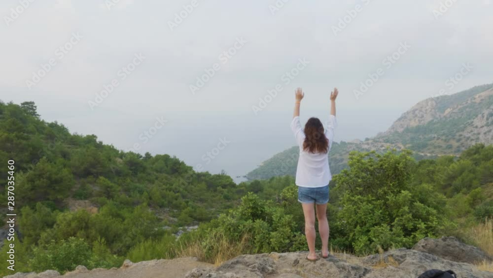 Young Woman Stand Raising Hands on Top of Mountain. Green Valley Landscape. Back View of Traveling Girl Enjoying Scenic Nature. Female Climber Tourist Lifting Arm Up Celebrating Life Young Woman Stand Raising Hands on Top of Mountain. Green Valley Landscape. Back View of Traveling Girl Enjoying Scenic Nature. Female Climber Tourist Lifting Arm Up Celebrating Life