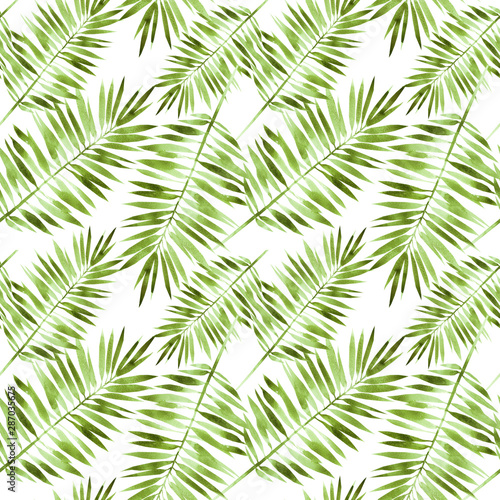 Beautiful tropical palm leaves seamless pattern. Watercolor botanical illustration. Hand painted exotic greenery branch. For design  print or background.