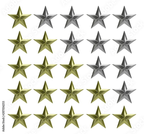 Gold and silver stars scoreboard against white background. 3d illustration