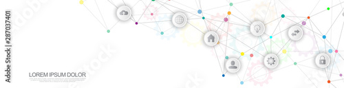 Website header or banner design with abstract technical background and connecting dots and lines. Digital technology and communication concept with flat icons.