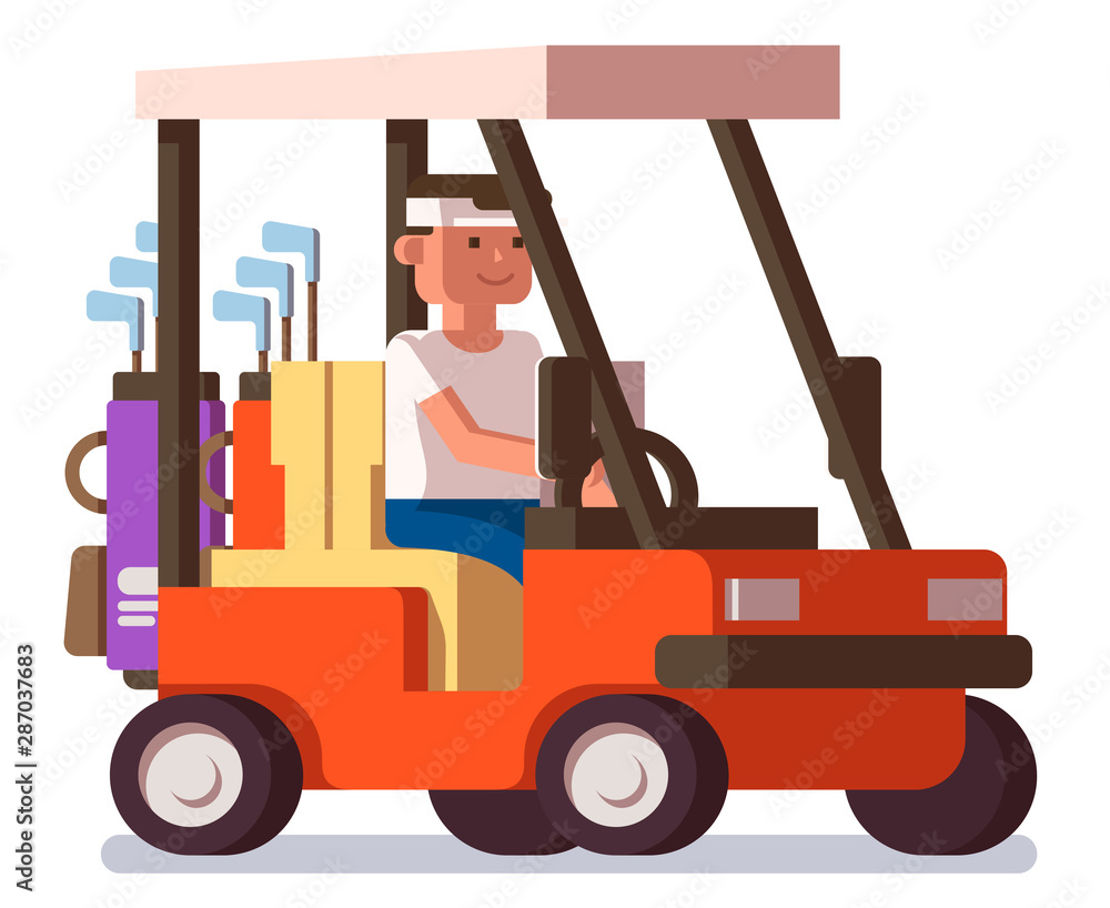 Man driving a golf cart. Flat vector illustration isolated on white background Man driving a golf cart. Flat vector illustration isolated on white background