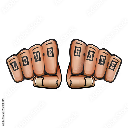 love and hate fists with tattoo isolated on white background. Fight for love concept illustration with fist punch