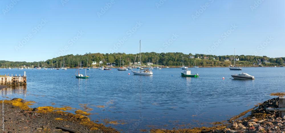 Boats anchored on Mahone Bay in Nova Scotia.