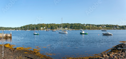 Boats anchored on Mahone Bay in Nova Scotia.