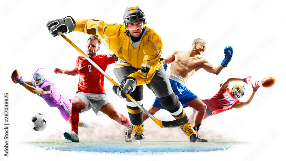 Photo Stock Multi sport collage football boxing soccer ice hockey on white  background | Adobe Stock