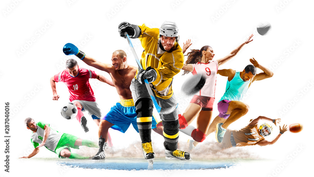 Fototapeta Multi sport kolaż boks piłkarski piłka nożna voleyball hokej na lodzie działa na białym tle