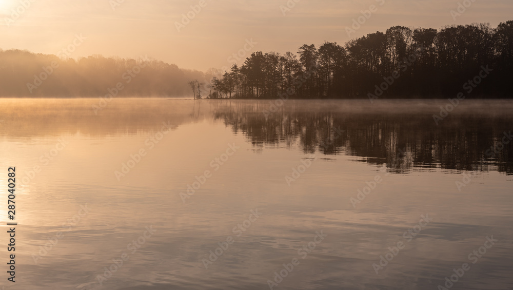 Golden Misty Autumn Morning on the Lake at Sunrise
