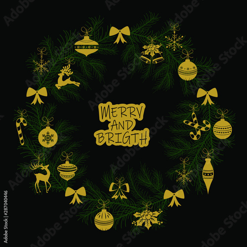 Christmas wreath celebration card with traditional winter elements and lettering. Vector illustration.