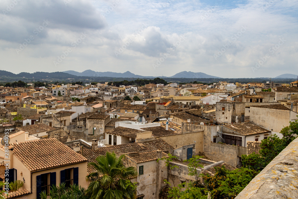Panoramic view from castle San Salvador over the city of Arta at the east coast of balearic island Mallorca, Spain