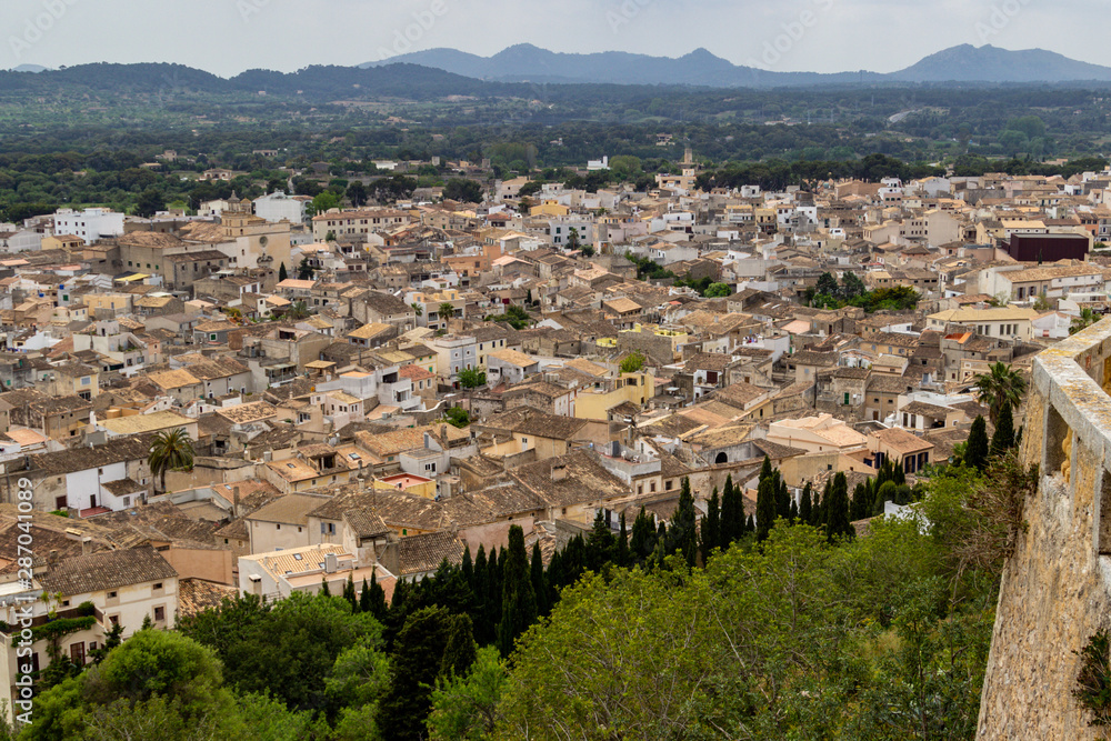 Panoramic view from castle San Salvador over the city of Arta at the east coast of balearic island Mallorca, Spain