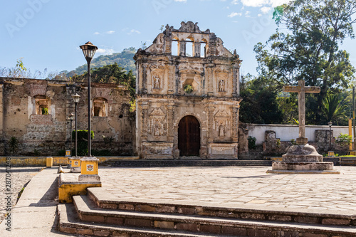 ANTIGUA, SACATEPEQUEZ/GUATEMALA - December 23, 2018: The ruins of Santa Isabel church in the UNESCO World Heritage site of Antigua, Guatemala, on a Sunday before Christmas Day 2018.
