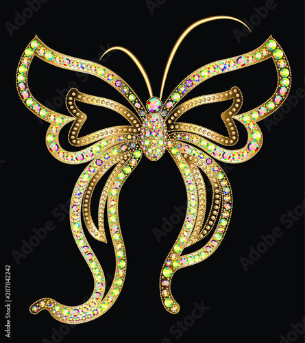 Illustration of a jewelry brooch butterfly with precious stones