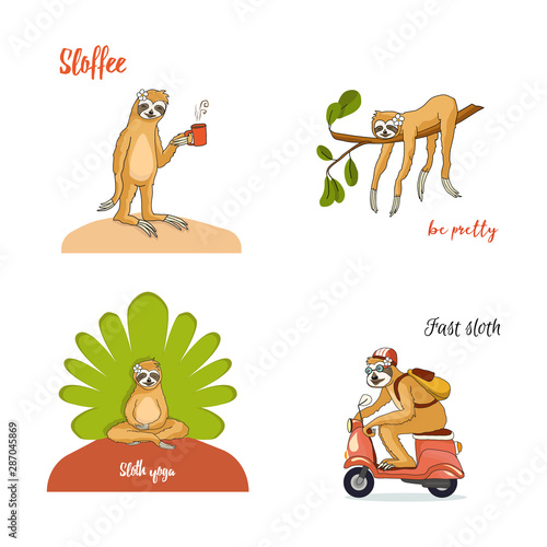 Set Adorable girl sloths meditate, sleep, drive, drink coffee. Tropical pattern for textile prints, cute stationery, print on the cups. Eps 8 Vector Illustration